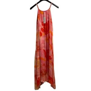 Le Ragazze Dress Pink Floral Watercolor Silk Blend Maxi Size S Beachy Artsy